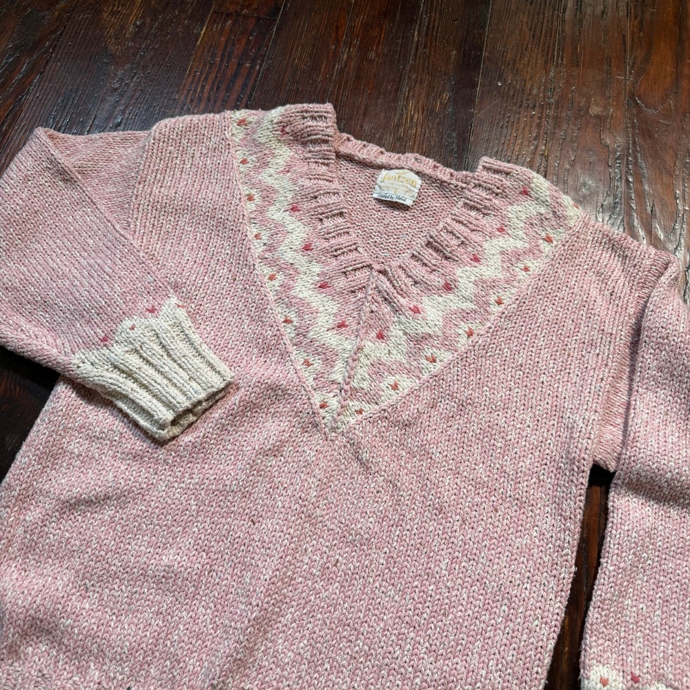 Vintage 80s Jantzen Sweater Women S Pink Silk Wool Blend Hand Knit VNeck Chevron